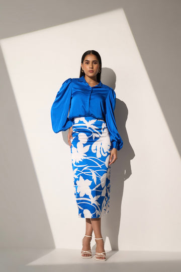 Women's Blue Shirt with Floral Printed skirt
